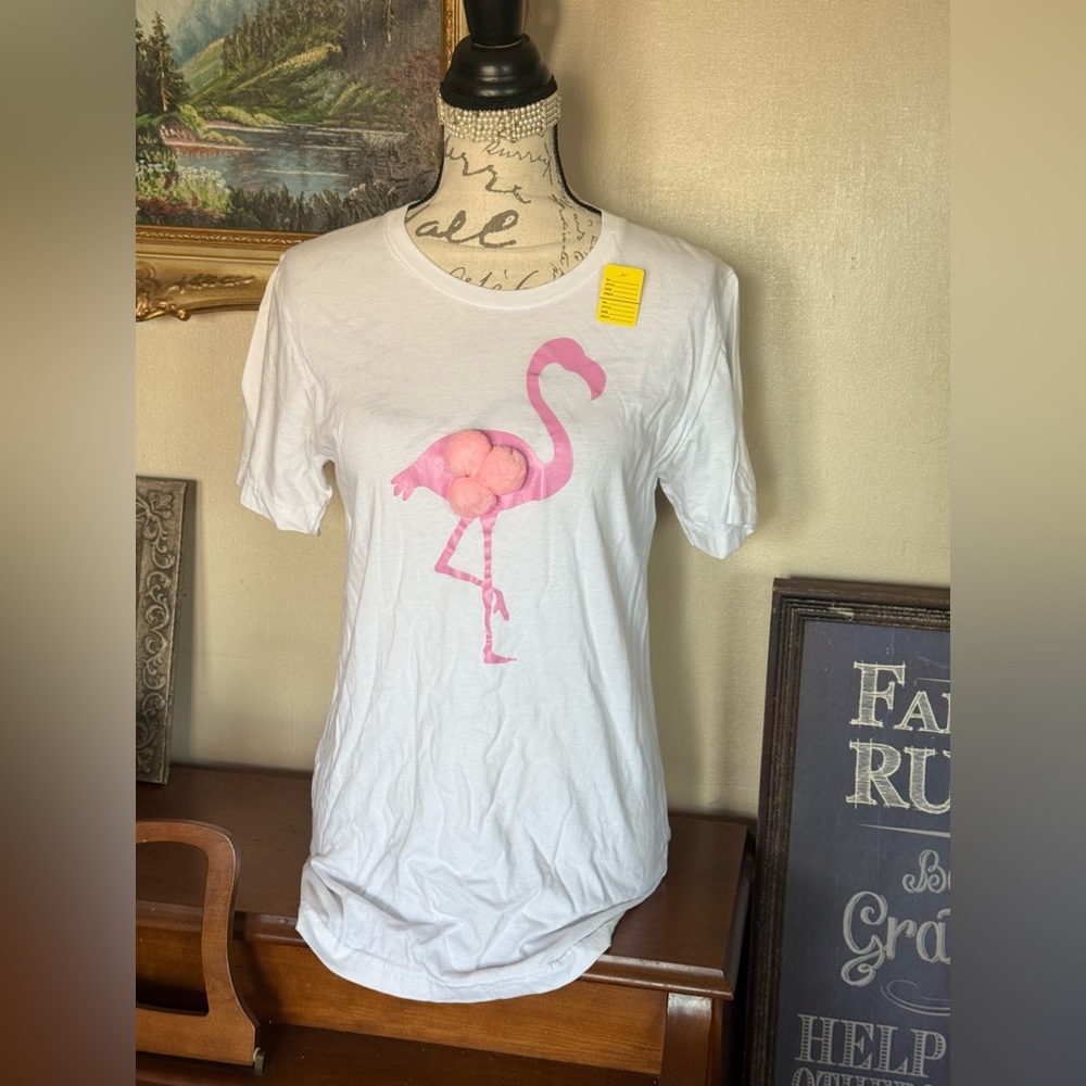 Bella Canvas White Short Sleeve Tee with Pink Flamingo Graphic